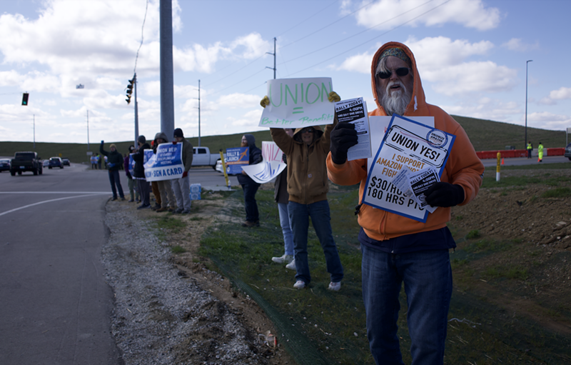 Workers and supporters of Amazon's Air Hub facility in Northern Kentucky rally for support of a growing union effort at the facility. - Photo: Aidan Mahoney