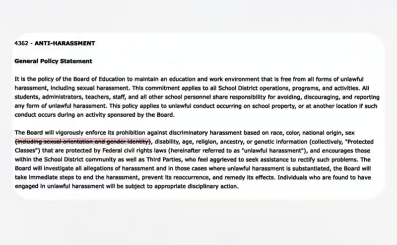 The Bellbrook-Sugarcreek School Board of Education voted to remove the highlighted language. - Photo: Bellbrook-Sugarcreek anti-harassment policy screenshot