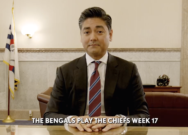 Mayor Aftab Pureval appeared in a lighthearted video that pokes fun at his failed Bengals "proclamation" from last season. - Photo: Cincinnati Bengals on Twitter
