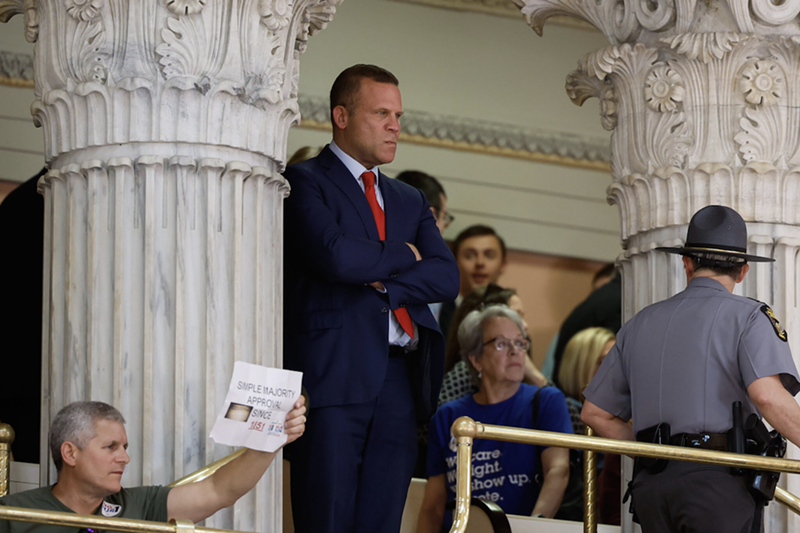 MAY 10: Ohio Right to Life President Mike Gonidakis watches the House floor while the Highway Patrol removes everyone from the gallery during the Ohio House session, May 10, 2023, at the Statehouse in Columbus, Ohio. - Photo: Graham Stokes for Ohio Capital Journal