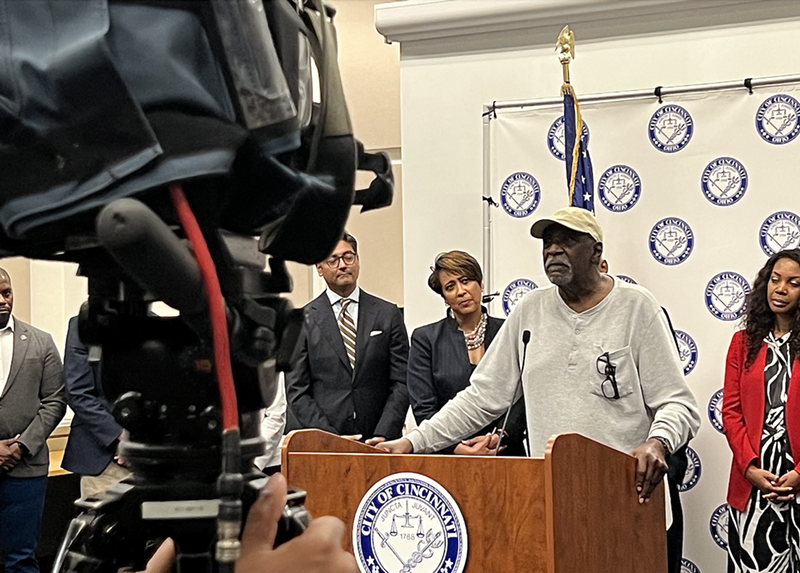 Oscar Wright, 87, addresses community members, reporters and city leaders during the city's apology for postwar razing of the West End. - Photo: Madeline Fening