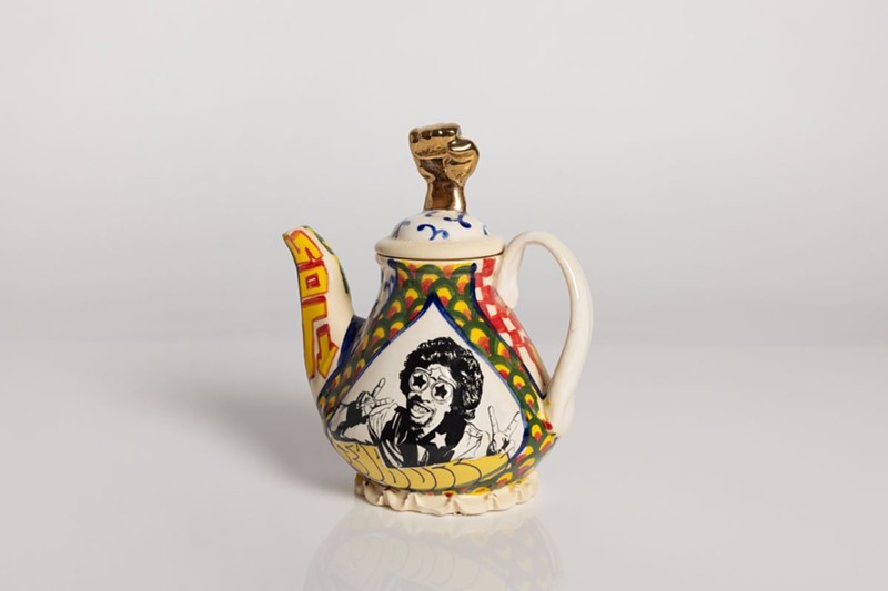 Bootsy Collins and Kathryne Gardette Teapot 2022, Roberto Lugo (Puerto Rican American, b.1981), glazed stoneware, luster, Museum Purchase: Friends of Decorative Arts & Design, 2023.43. © Roberto Lugo. Photographs by Ashley Smith, courtesy of the artist and R & Company. - Photo provided by the Cincinnati Art Museum