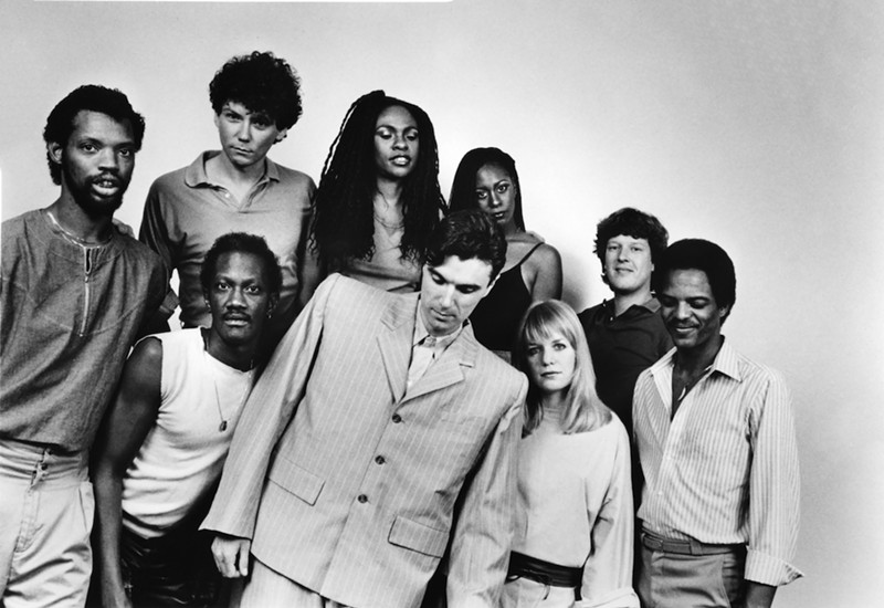 Back row from left: Jerry Harrison, Ednah Holt, Lynn Mabry, Chris Frantz. Front row, from left: Steve Scales, Bernie Worrell, David Byrne, Tina Weymouth and Alex Weir. - Photo: COURTESY OF SIRE + WARNER MUSIC GROUP