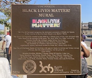 The bronze marker, which stands to the right of City Hall’s main entrance, includes a mini representation of the BLM mural. - Photo: Lily Ogburn