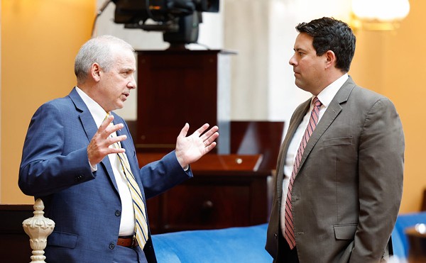 Senate President Matt Huffman, R-Lima (left), talks to Senate Majority Floor Leader Rob McColley, R-Napoleon, after the Ohio Senate session, May 31, 2023, at the Statehouse in Columbus, Ohio.
