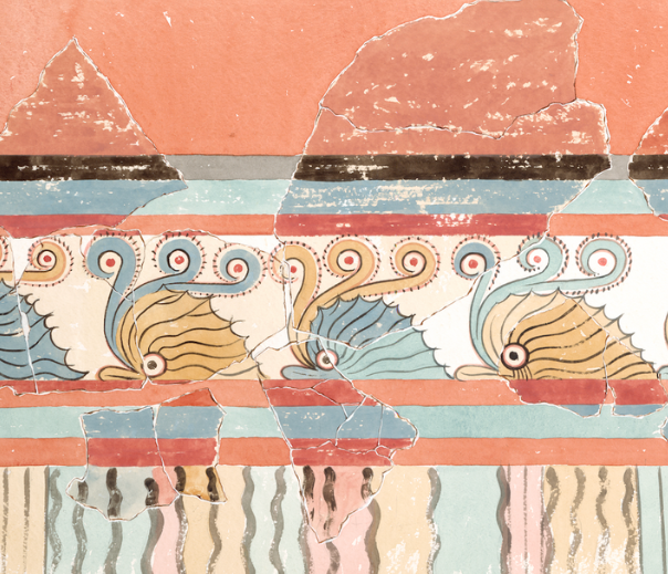 Watercolor reconstructions of wall-painted argonauts from the Palace of Nestor, Pylos, painted by artist Piet de Jong and published in 1969 as part of the site monograph.
