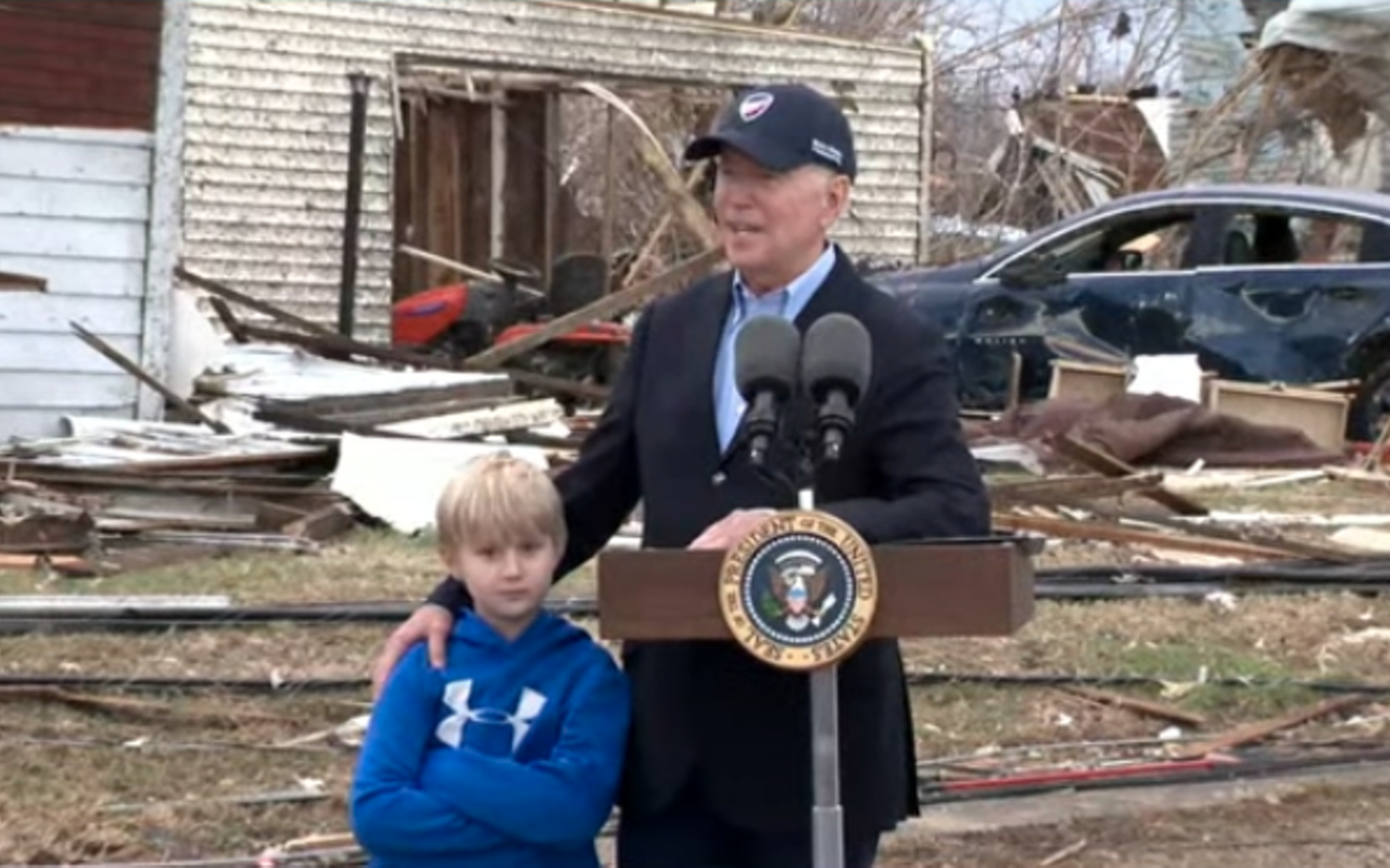 U.S. President Joe Biden addresses Kentucky tornado damage with Dane, a Dawson Springs resident, by his side on Dec. 15, 2021.