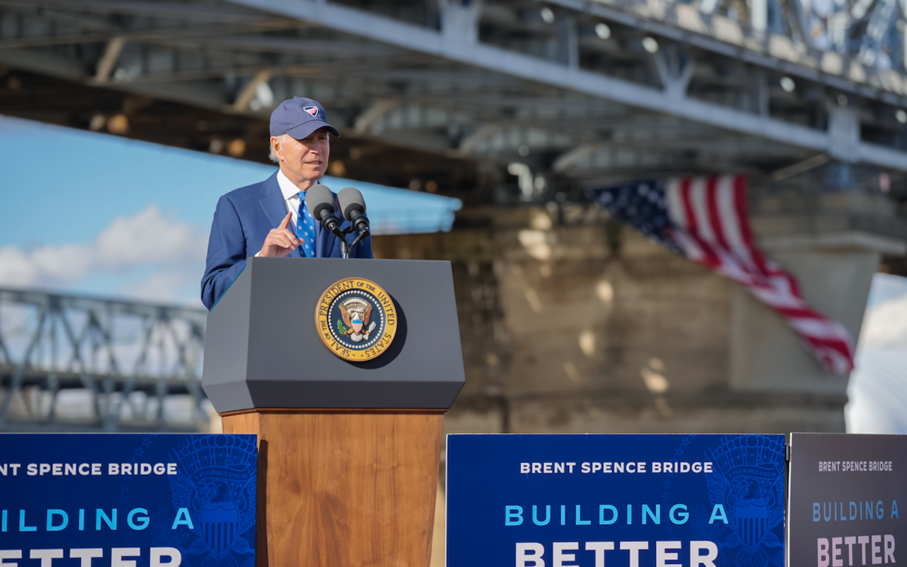 U.S. President Joe Biden celebrates the Brent Spence Bridge between Cincinnati and Northern Kentucky receiving nearly $2 billion in federal funds for improvements.