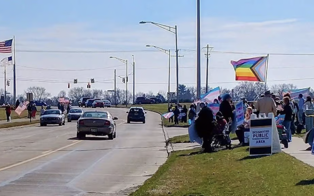 Counter protesters far outnumbered anti-trans activists in Xenia, Ohio on Feb. 25.