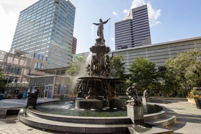 Be in the Heart of It All at Fountain Square
520 Vine St., Downtown
If you want to get to the heart of Cincinnati and its people, Fountain Square is the place to start. Home to the Tyler Davidson Fountain (a.k.a. The Genius of Water), Fountain Square sits right in the middle of Downtown Cincinnati at Fifth and Vine streets and plays host to numerous events and programs throughout the year, including the beloved UC Health Ice Rink in the winter, Salsa on the Square and Frisch’s Roller Rink. It’s within walking distance to some of Downtown’s best restaurants, like Via Vite, Jeff Ruby’s, Sotto and Mita’s, making it the perfect place to stop before or after dinner with friends. Fountain Square also has its own mini-bar, Fountain Bar, where you can buy a pop, beer, seltzer or mixed drink while you enjoy live music or just people-watching.