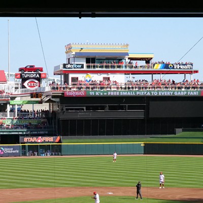 Great American Ball Park debuts a new pitch clock (upper left) during the season opener against the Pittsburgh Pirates on March 30, 2023.