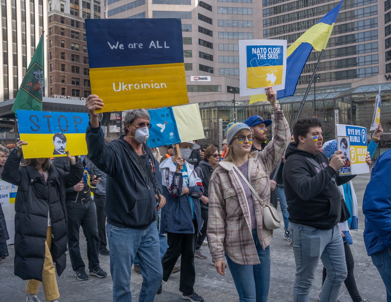 A March for Ukraine Gathered in Downtown Cincinnati Monday Afternoon