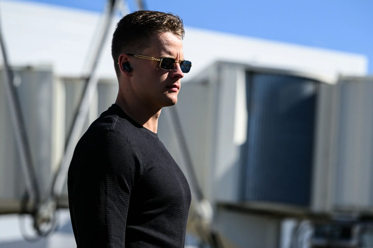 Cincinnati Bengals quarterback Joe Burrow wears a black henley and sunglasses before the game against the New Orleans Saints on Oct. 16, 2022.