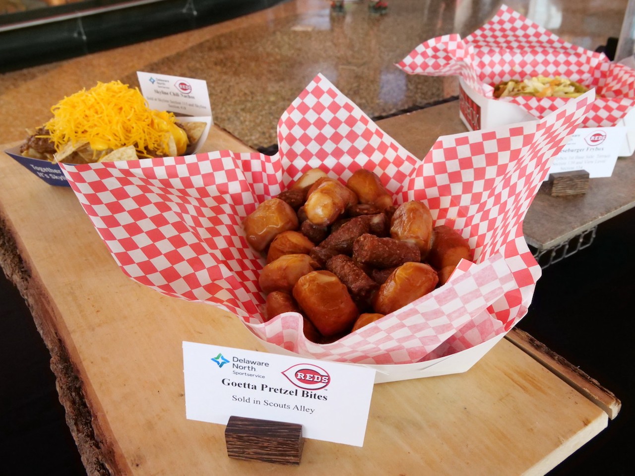 The Reds introduce new food options at Great American Ball Park on March 23, 2023, ahead of the Cincinnati Reds' 2023 season. Goetta pretzel bites, Skyline Chili nachos and a cheeseburger frybox are on the menu.