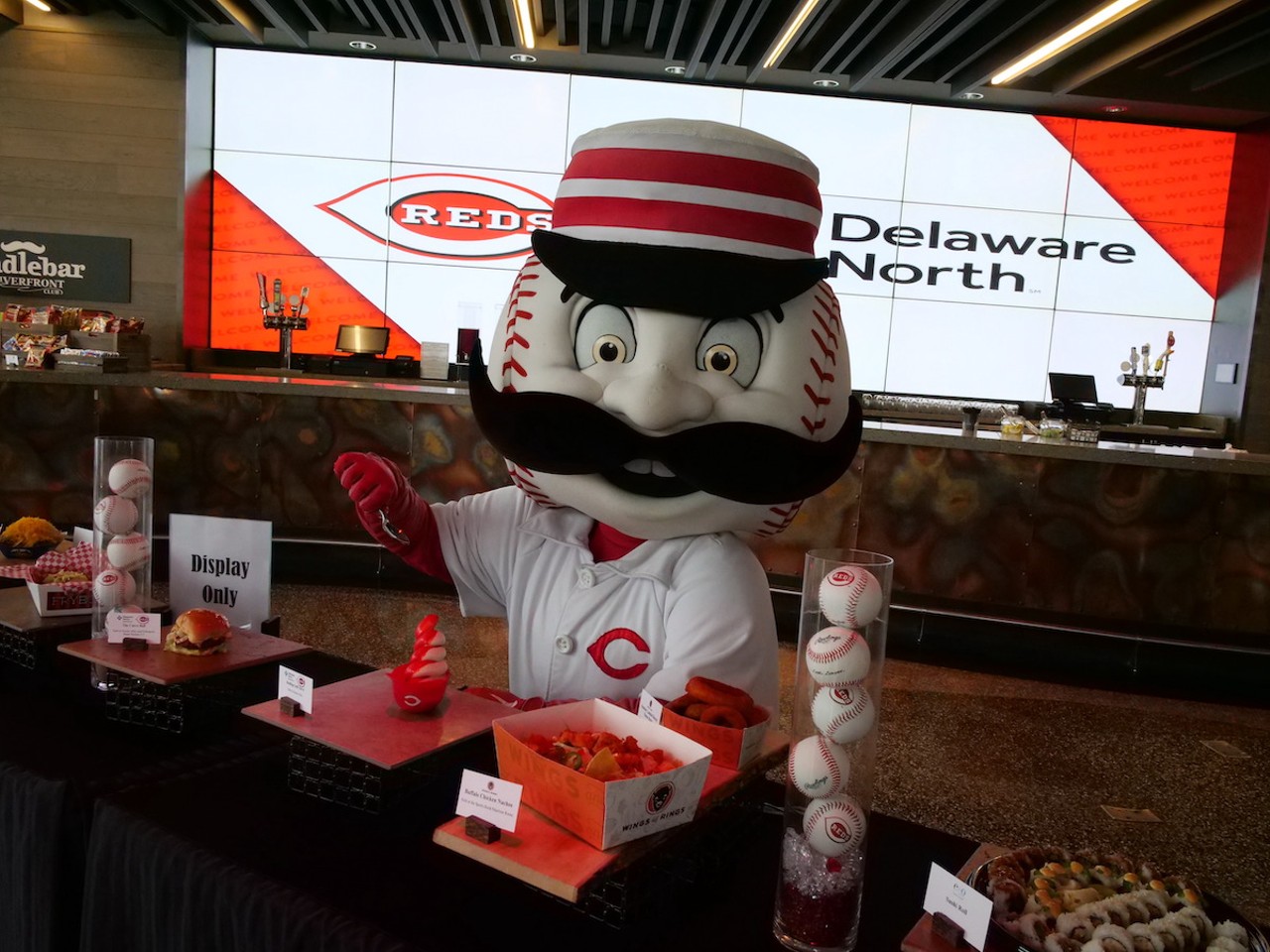 Mr. Red introduces new food options at Great American Ball Park on March 23, 2023, ahead of the Cincinnati Reds' 2023 season.