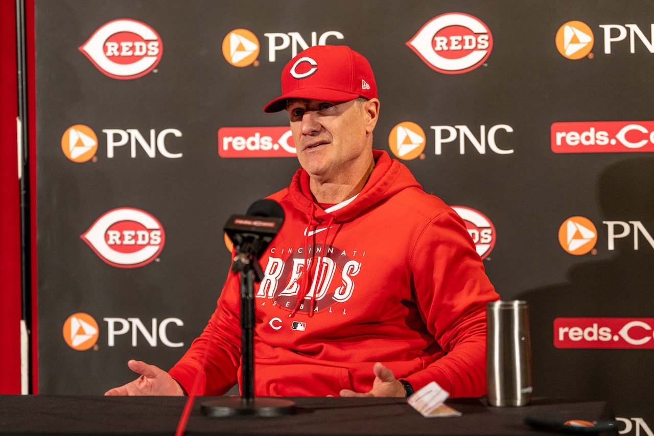 Cincinnati Reds manager David Bell addresses the media after the season opener at Great American Ball Park on March 30, 2023.