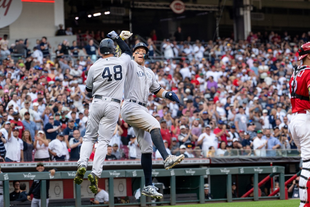 New York Yankees' Anthony Rizzo (left) celebrates with Aaron Judge.