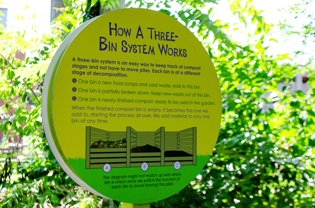 Signs near the composting bins instruct onlookers on how the process works.