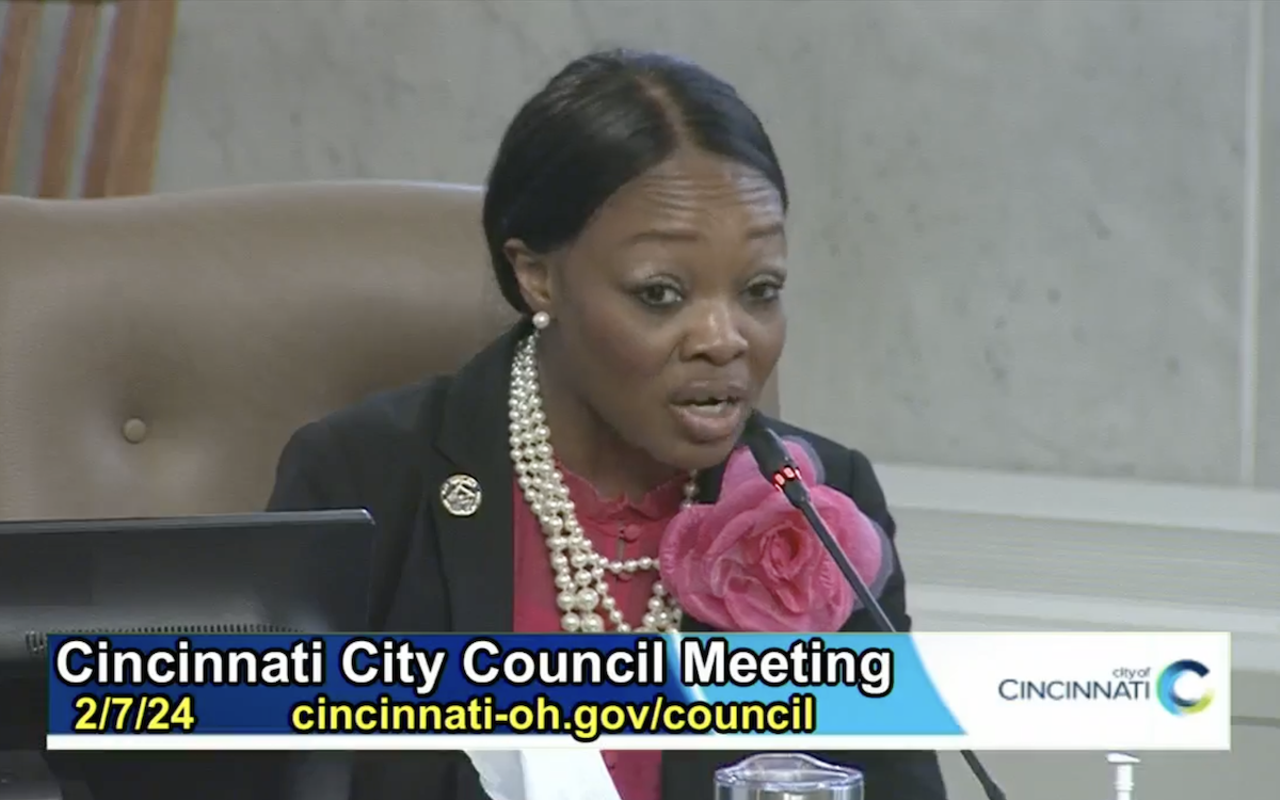 Councilmember Meeka Owens expresses her support for a Gaza ceasefire resolution during a Feb. 7 Cincinnati City Council meeting.