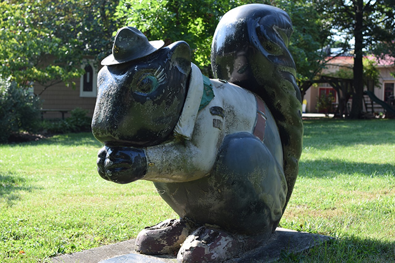 Find "Scout Fosdick" perched on the Harry Whiting Brown Community Center lawn, opposite the Scout House.
